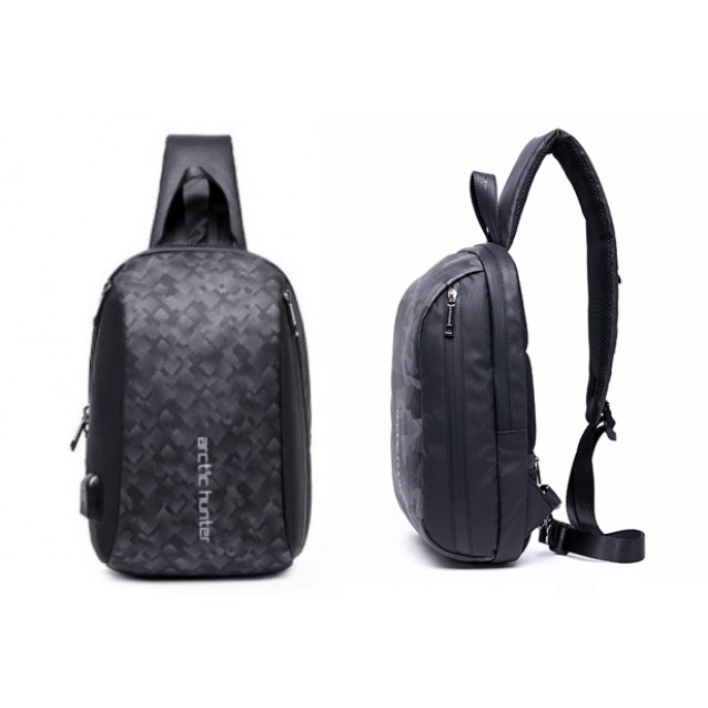ARCTIC HUNTER Τσάντα Crossbody XB-00081-BK, USB, αδιάβροχη, μαύρη-grid