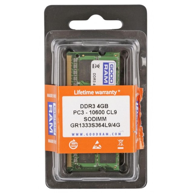 GOODRAM so-dimm μνήμη τύπου DDR3, 4GB, 1333mHZ, PC3 10600